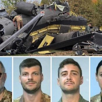 In una combo l'elicotetro CH 47 dell'operazione Eufor Althea in Bosnia-Erzegovina e le quattro vittime: (S-D) il tenente del Corpo Militare Volontario della Croce Rossa Italiana Franco Adriano Zecchillo, il sergente Claudio Marchesi, il sergente Simone Ruggia e la sergente del Corpo Militare Volontario della Croce Rossa Italiana Laura Procacci  ANSA/ NPK