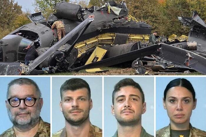 In una combo l'elicotetro CH 47 dell'operazione Eufor Althea in Bosnia-Erzegovina e le quattro vittime: (S-D) il tenente del Corpo Militare Volontario della Croce Rossa Italiana Franco Adriano Zecchillo, il sergente Claudio Marchesi, il sergente Simone Ruggia e la sergente del Corpo Militare Volontario della Croce Rossa Italiana Laura Procacci  ANSA/ NPK