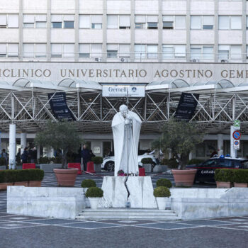 The statue of John Paul II at the Agostino Gemelli Hospital, where Pope Leo XIV is scheduled to be hospitalized, in Rome,, Italy, 13 October 2026. ANSA/ANGELO CARCONI
