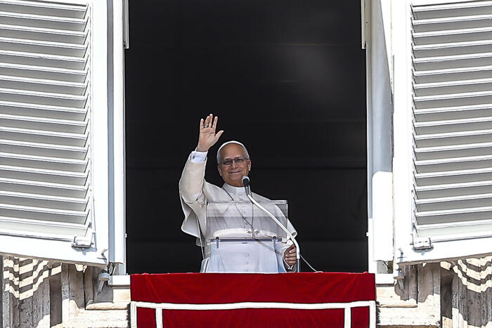 Pope Leo XIV during the Angelus prayer, traditional Sunday's prayer, from the window of his office overlooking Saint Peter's Square, Vatican City, 04 October 2026. ANSA/ANGELO CARCONI